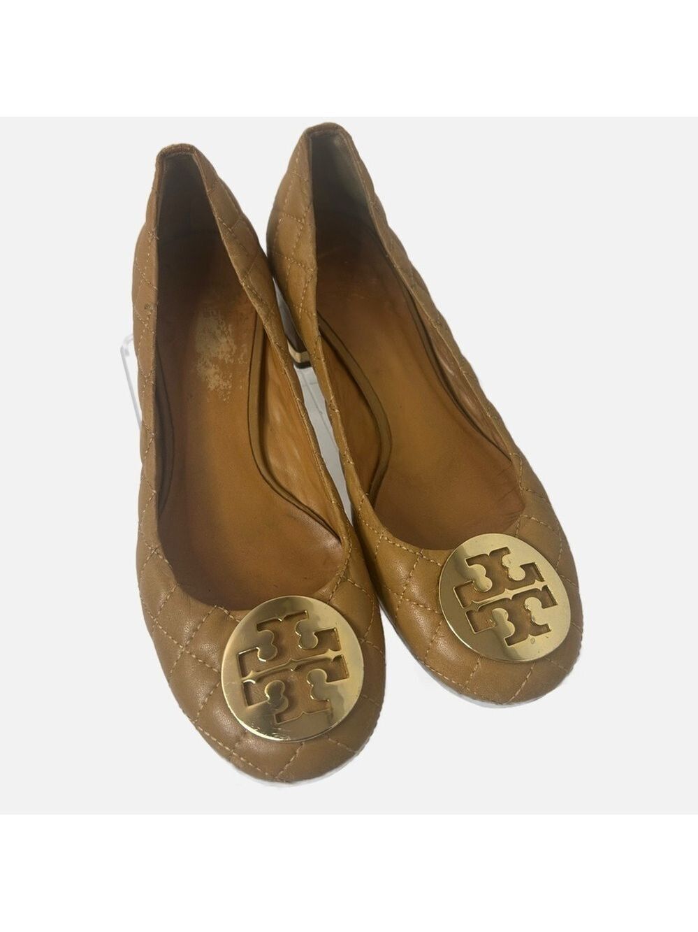 TORY BURCH Women’s Quilted Leather Pumps Gold Tone Logo Brown 8.5